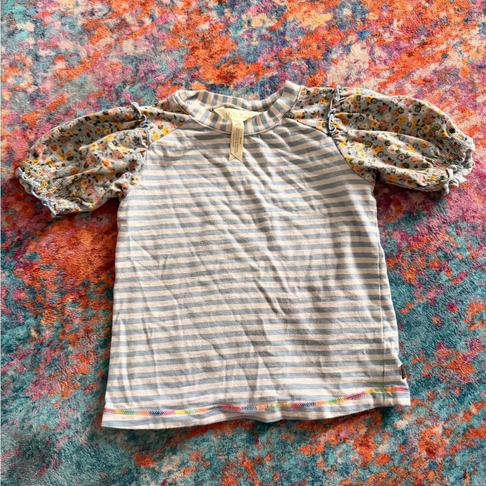 Matilda Jane Striped Floral Puff Sleeve Top Girls Size 4 Blue Stripe Mixed